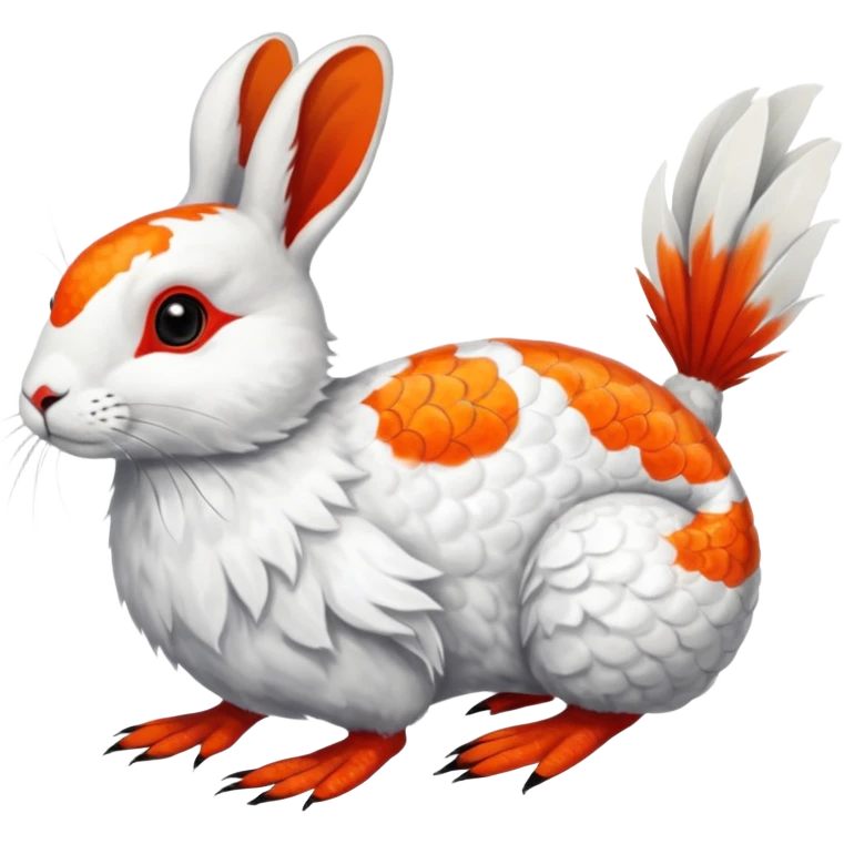 Asian Painted Fluffy Realistic Rock Ptarmigan-Snowshoe-Hare-Koi-Fish-Animal-hybrid, full body, with red marking over eye emoji