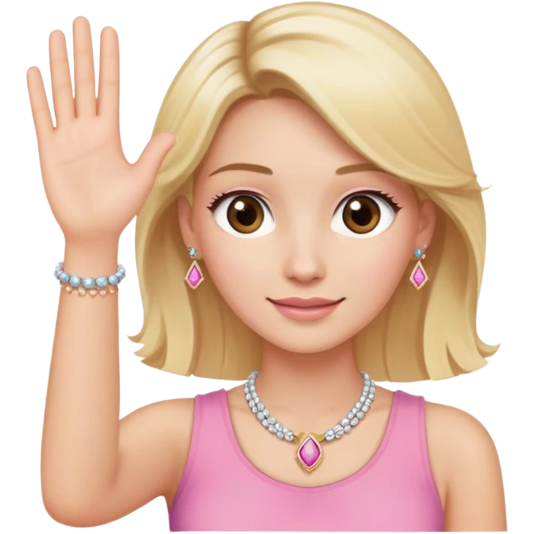 A giro with the hair blonde brown eyes waving Hi with jewelry on her and pink top emoji