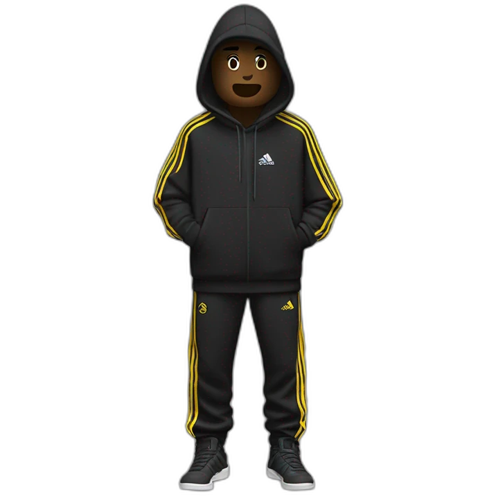 una hombre morocha sentada con un conjunto adidas negro emoji