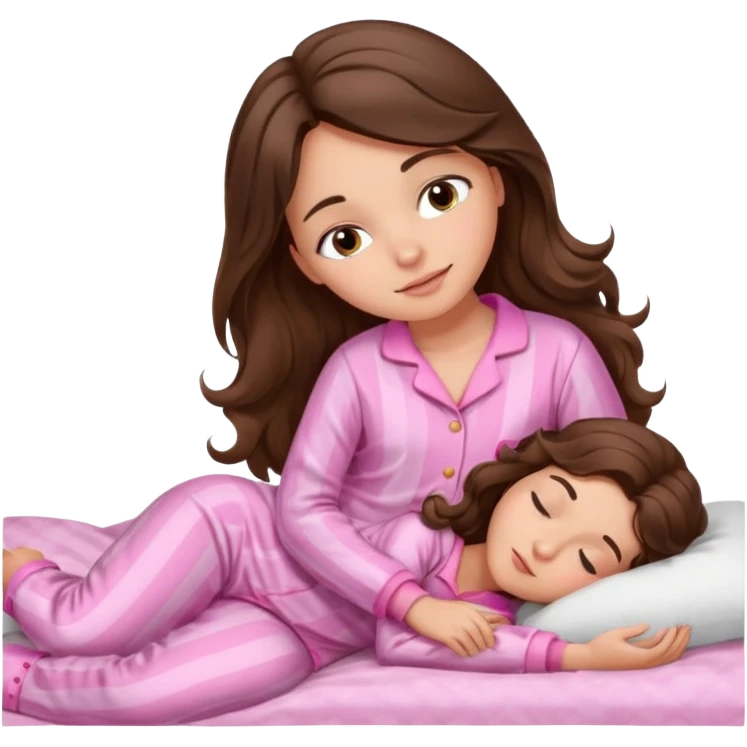 Brunette girl with long wavy brown hair with brown eyes and sleeping on a withe bed with cute pink pjs emoji