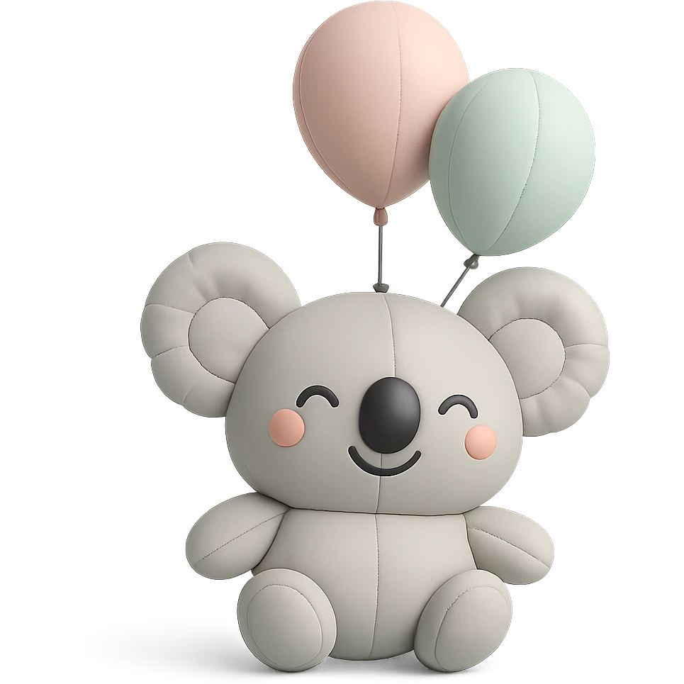 koala floating with pastel balloons, happy face, cushion style emoji