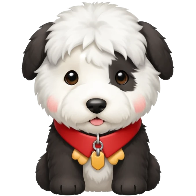 Crea un emoji de un perrito bebé  sheppdog english old con un collar rojo y que la placa diga Rocky emoji