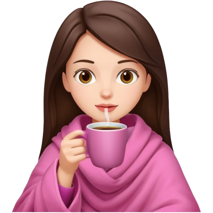 Brunette girl in pink blanket drinking coffee emoji