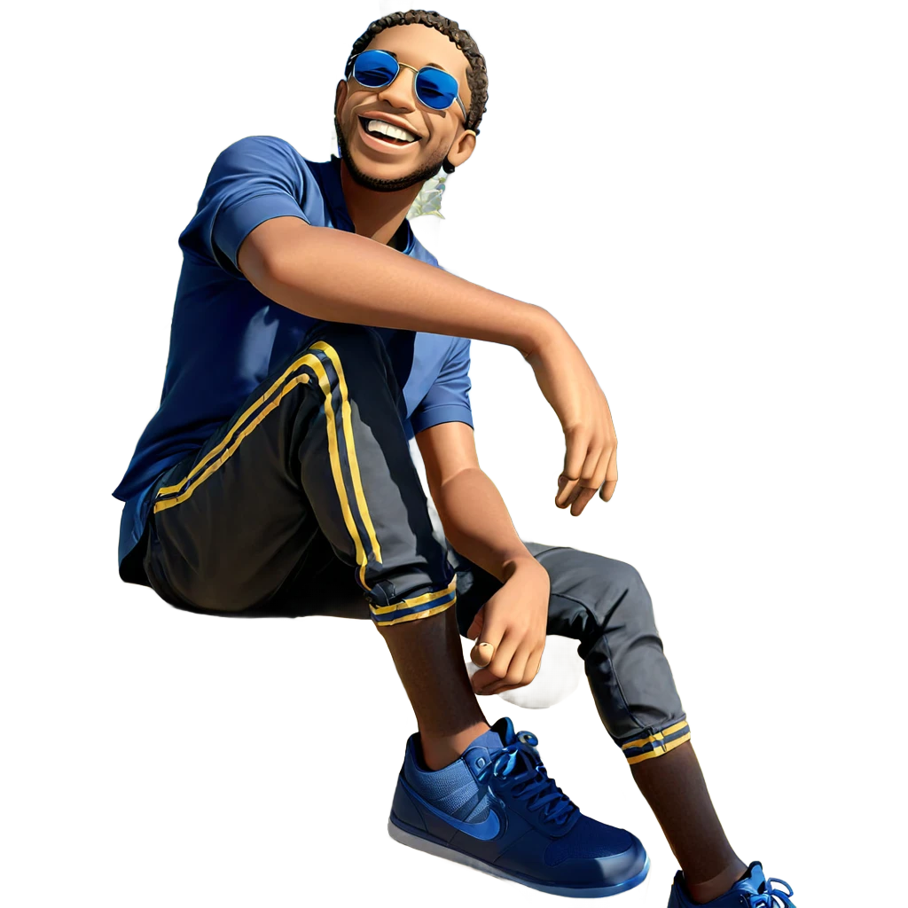 smiling boy outdoors in blue emoji