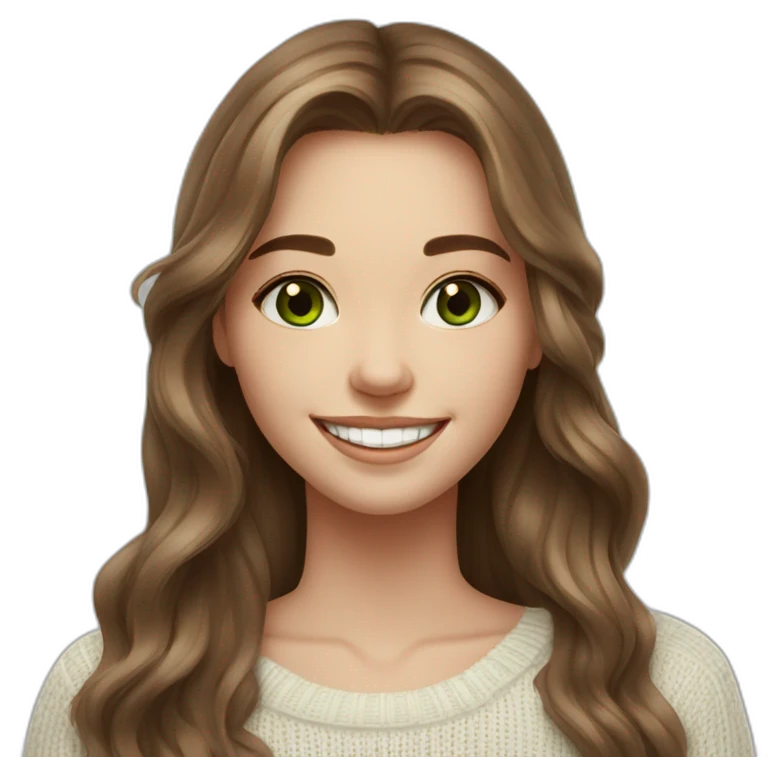 beautiful girl, white, with long loose wavy hair, brown hair, brown green eyes, smiles at the camera, good teeth, white sweater, realistic drawing emoji