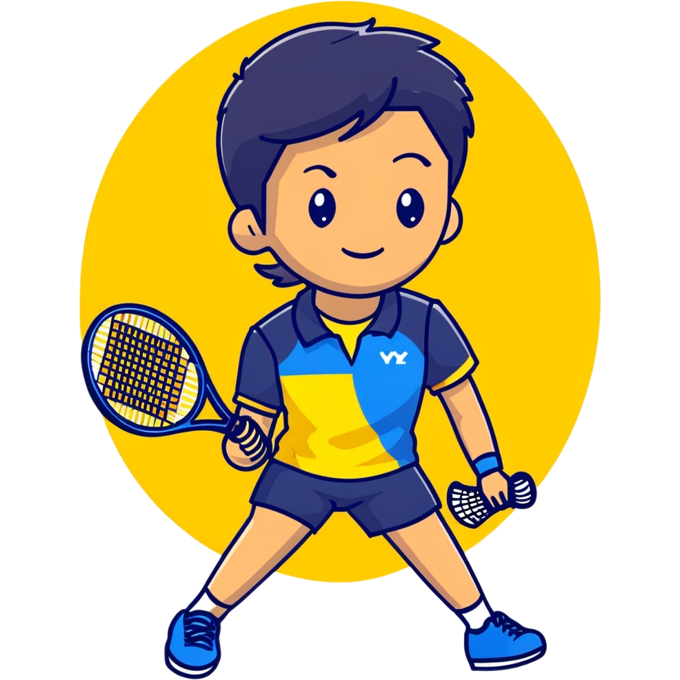 light brown skinned tennis coach, short straight black hair with widow's peak, oval face, small eyes, smiling, holding blue Yonex racket, wearing navy blue dry fit shirt emoji