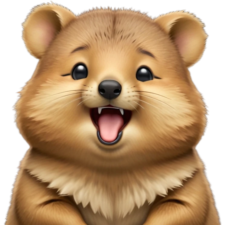 cinematic-realistic  yawning quokka-emoji,-small-round-frame, head tilted in an endearing manner, wouth wide open yawning, sleepy comical smile, round fluffy cheeks, giant-fluffy-cheeks-large-smile-fluffy-brown-fur-radiating-a-warm-softness,-big-round-eyes-filled-with-joy, realistic round  fluffy zoomed in, large black eyes one paw raised in the air emoji