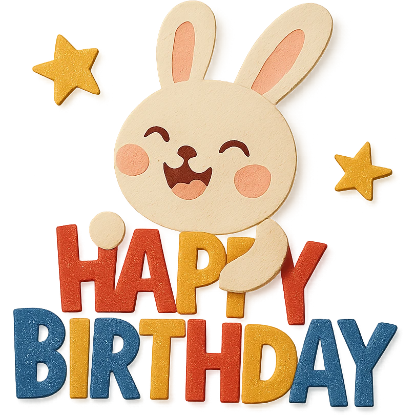 laughing bunny hugging "Happy Birthday" letters with stars, paper-craft style, transparent background emoji