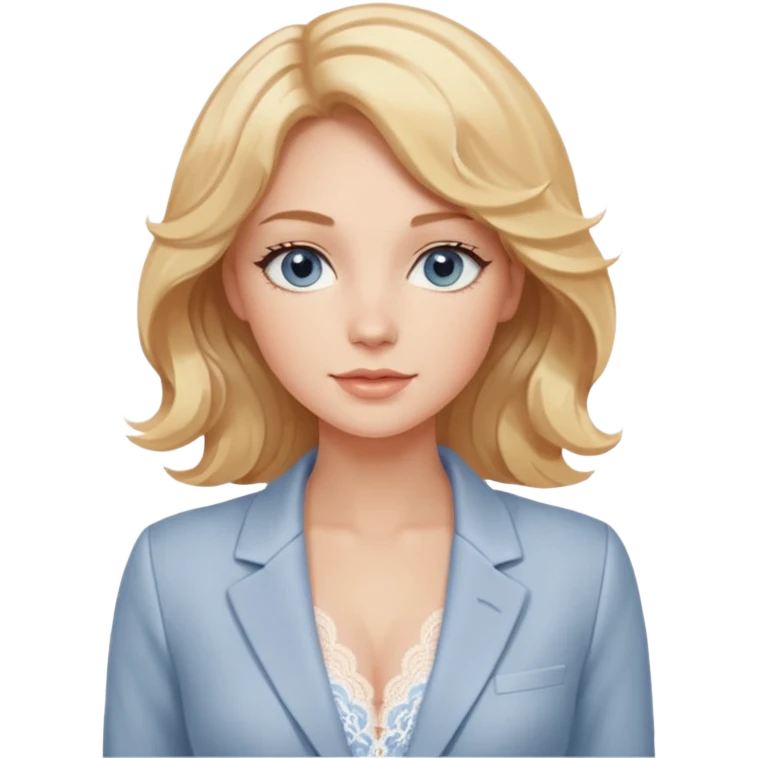 Sticker pack featuring a gentle woman with fair skin, wavy honey-blonde hair, and calm gray-blue eyes. She wears blush lace lingerie and a white blazer, radiating soft confidence and warmth. The style is elegant, minimalistic, and expressive — ideal for romantic, cozy, and tender sticker moods. emoji