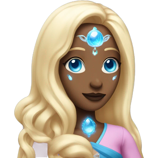 magical diva with thin pink andromedan face long blonde hair and blue eyes glowing third eye emoji