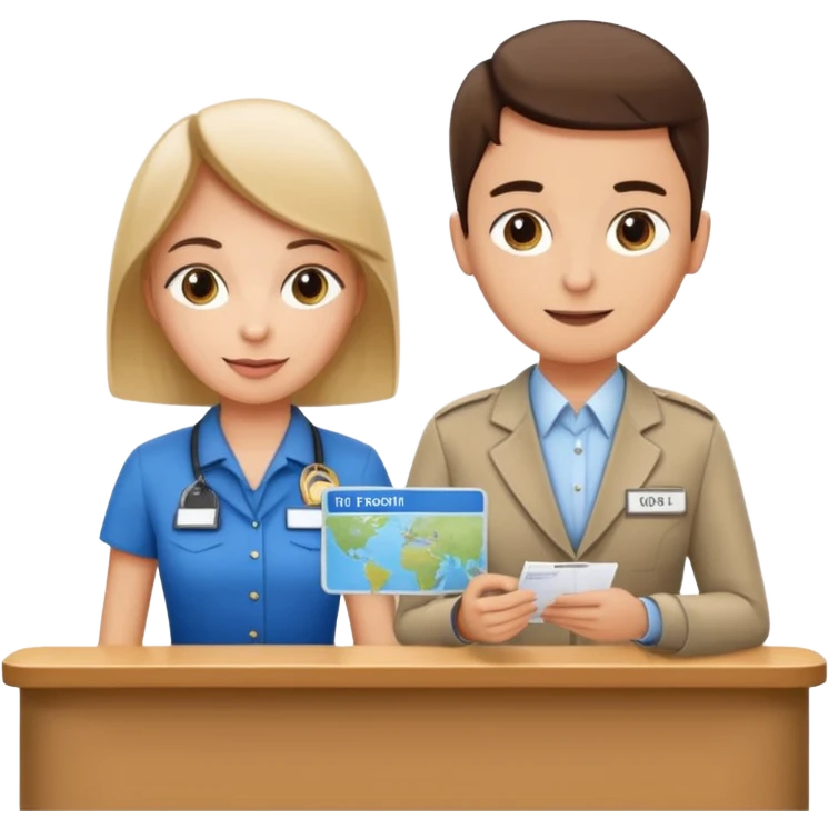 receptionist and tourist standing on hotel reception desk\ emoji