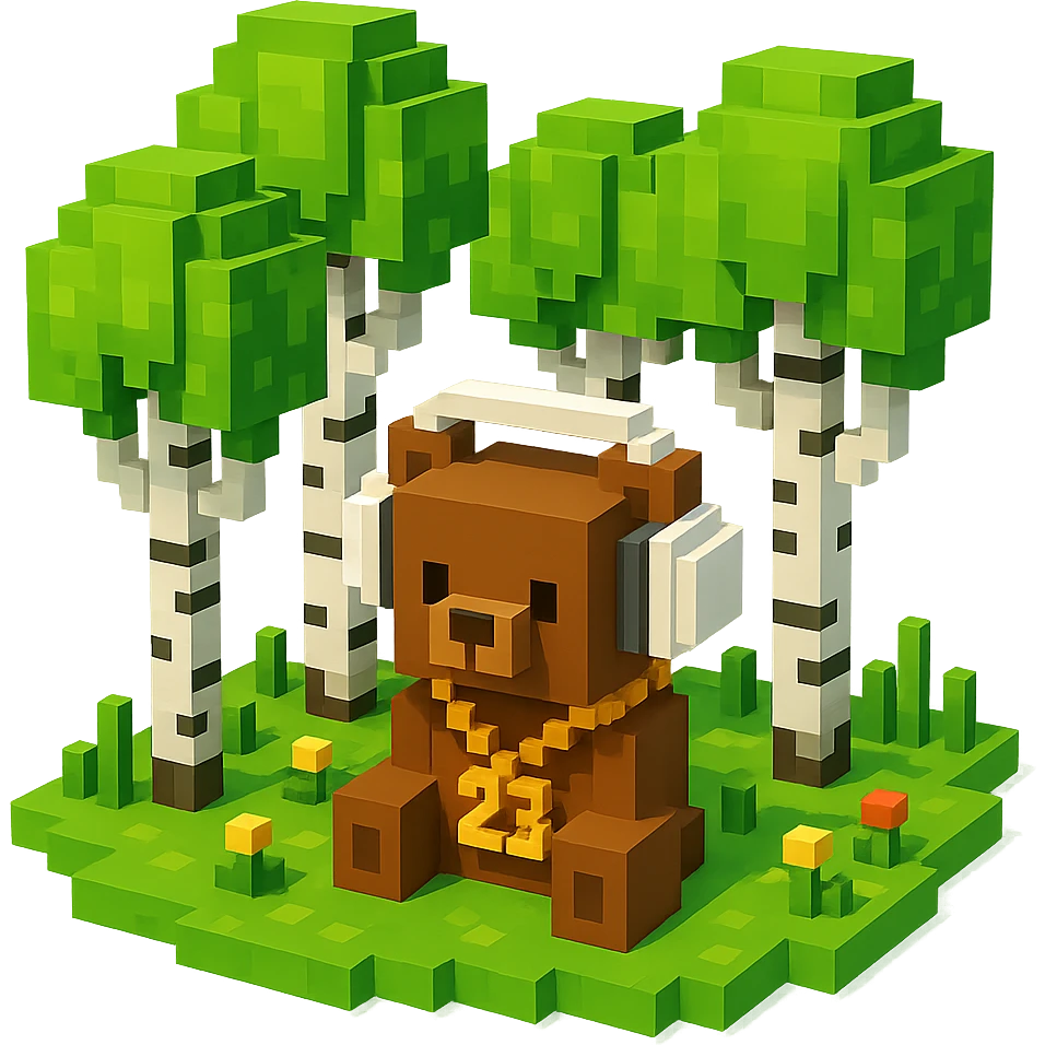 березовый лес, в котором сидит бурый медвежонок в белых наушниках (наушники должны закрывать уши медведя), на медведе цепь с подвеской "23", no background  emoji