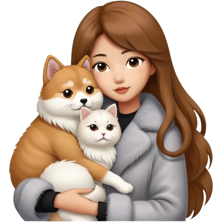 A Chinese fashion girl with brown hair, wearing a light gray fur coat, hugging a Shiba Inu and a long-haired white Persian cat. emoji