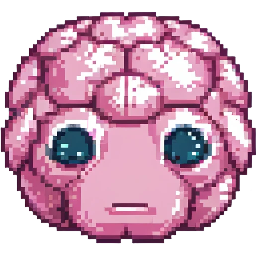 16-bit pixel art of a pink brain-shaped blob with sad droopy eyes and downturned mouth, smooth rounded brain texture, simple retro gaming style emoji