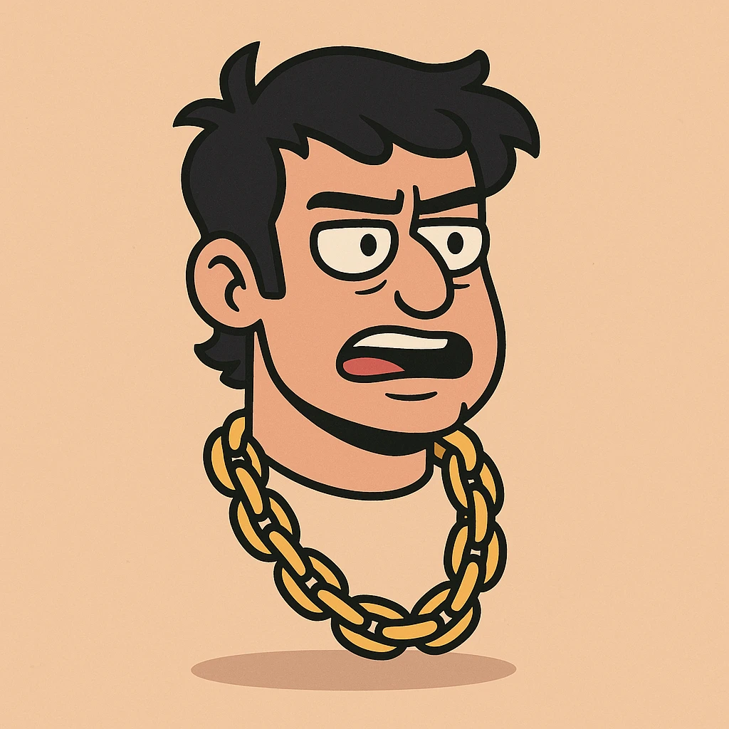 floating head, black hair, thick rapper chain, bold lines, modern flat toon style illustration emoji
