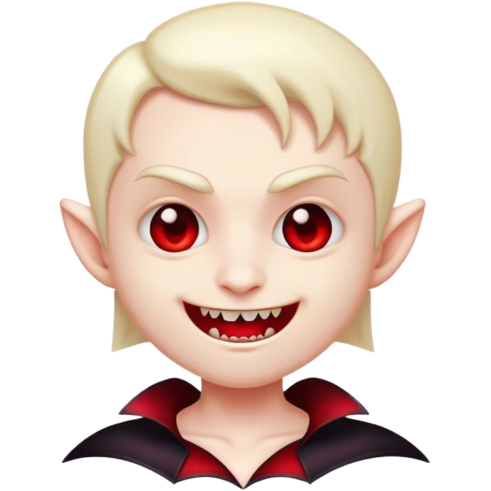Cinematic Cute Vampire Portrait Emoji, with a refined yet playful small, rounded pale face accented by tiny, cute fangs and bright, twinkling eyes, sporting miniature elegant dark attire with a hint of crimson, simplified yet irresistibly charming, highly detailed with a soft glowing outline that captures the delightful duality of spooky sweetness and stylish allure! emoji