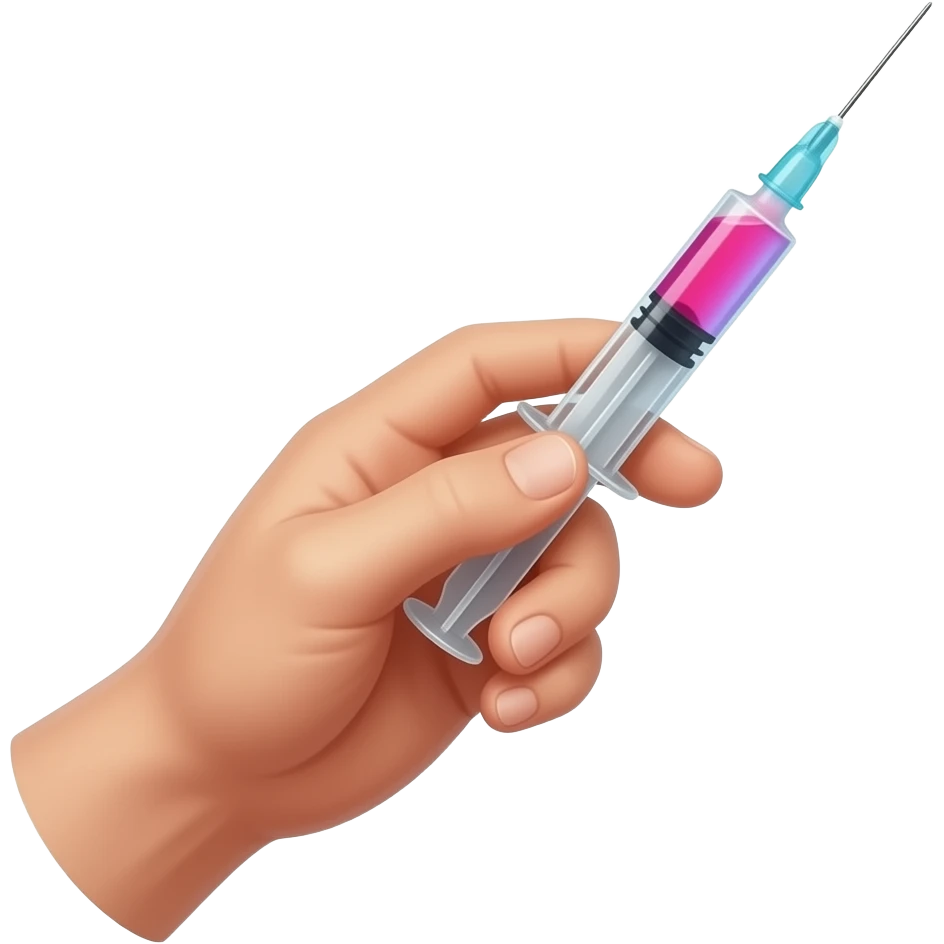 A dainty male hand holding a syringe with glowing neon-red-blue liquid inside emoji
