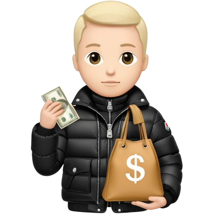 person wearing a black moncler jacket with a bag of money emoji