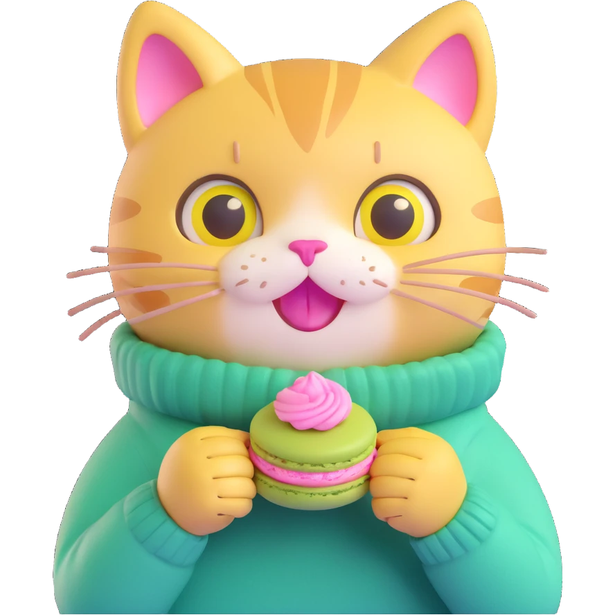 cute cat with big eyes, wearing a green sweater with yellow smiley faces, holding a pink macaron, soft and shiny, inspired by Apple emoji aesthetics, 3D iOS style emoji, variation 3 emoji