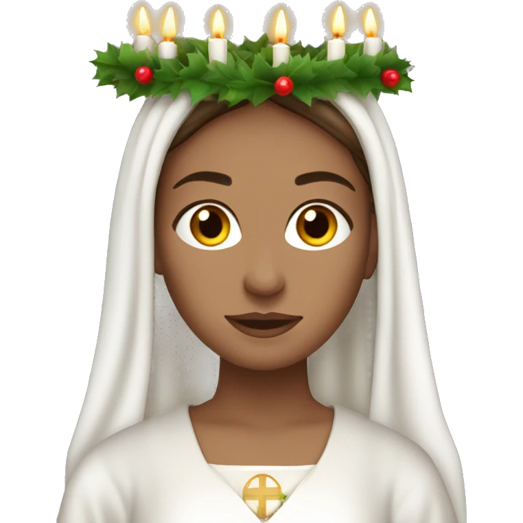 brown haired white women with white gown and advent wreath with long white candles on the head emoji