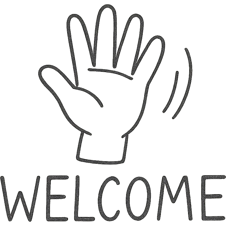 hand drawn outlined icon of a waving hand with 'Welcome' text emoji