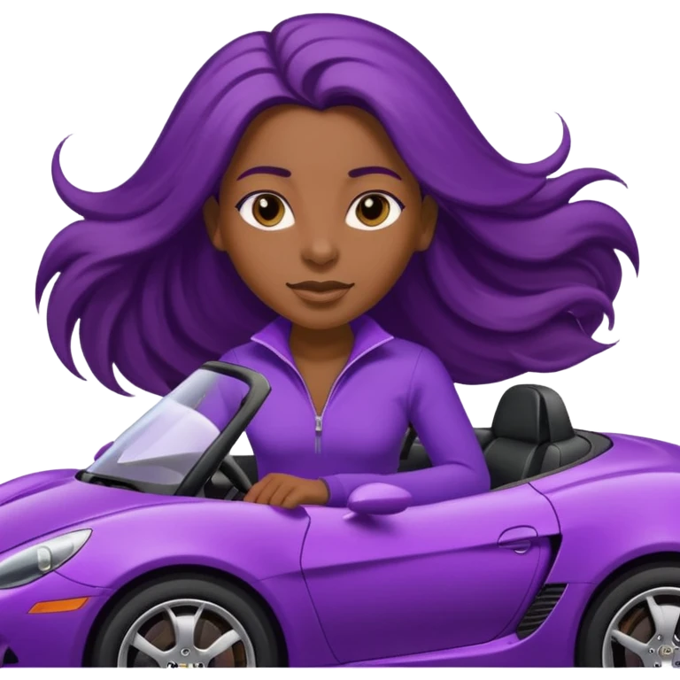 Black woman with long hair riding in a purple sports car emoji