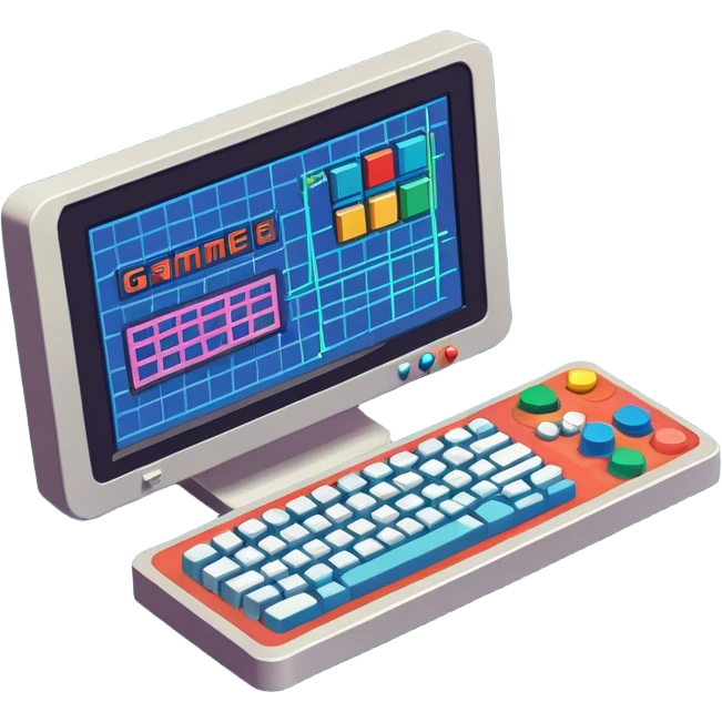 Professional icon for Game Design: a computer screen with a game interface, 3D models, pixel art, wireframe, and design tools like a grid and stylus. Gamepad. The icon should represent the technical and creative aspects of game development. Transparent background. emoji