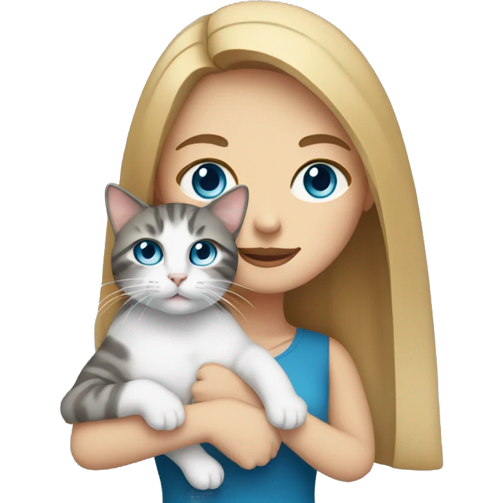 White Woman with blue eyes and long dark hair holding a tabby cat emoji