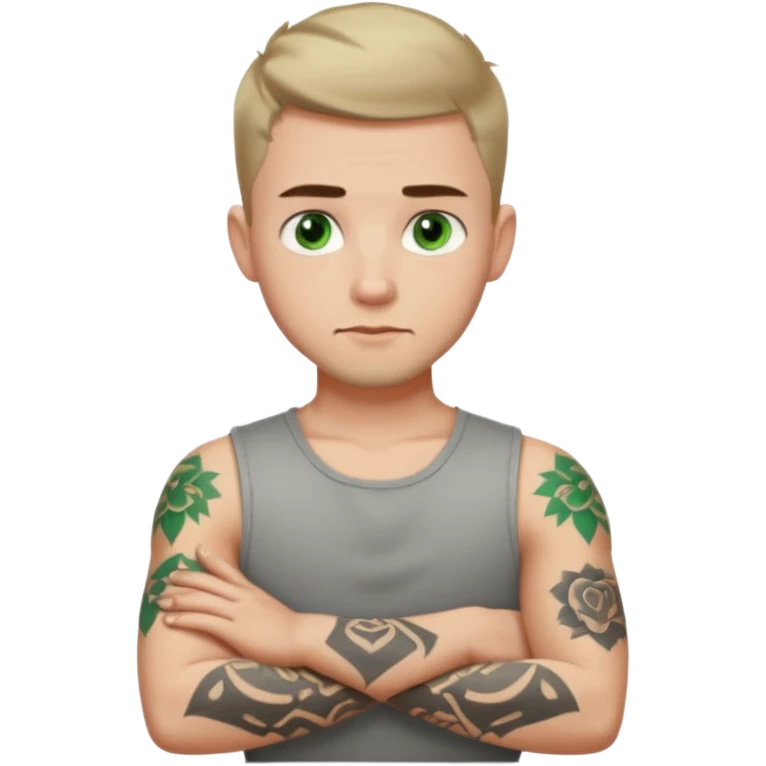 White young man with short dark taper fade hair cut and slight goatee and neutral expression with his arms folded. Green eyes and arm tattoos emoji