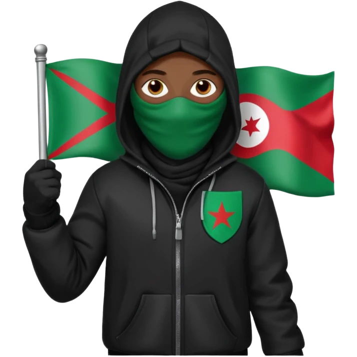 fait une personne habiller tout en noir avec une veste et une capuche et une cagoule qui tient un drapeua d'algerie dans sa main droite emoji