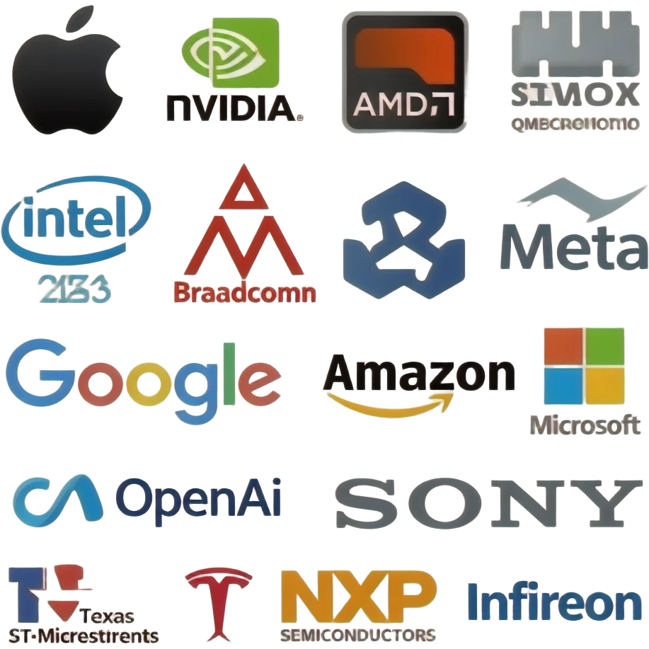 нарисуй логотипы Apple  Nvidia  AMD  Qualcomm  Intel  Broadcom  MediaTek  Google  Amazon  Microsoft  Meta✴  OpenAI  Tesla  Sony  Texas Instruments  STMicroelectronics  NXP Semiconductors  Infineon emoji