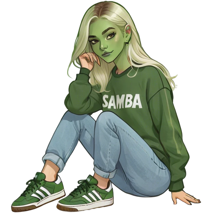 Girl with very long whitish blonde highlighted hair parted down the middle wearing denim jeans and adidas samba og sneakers with a brown sweatshirt emoji