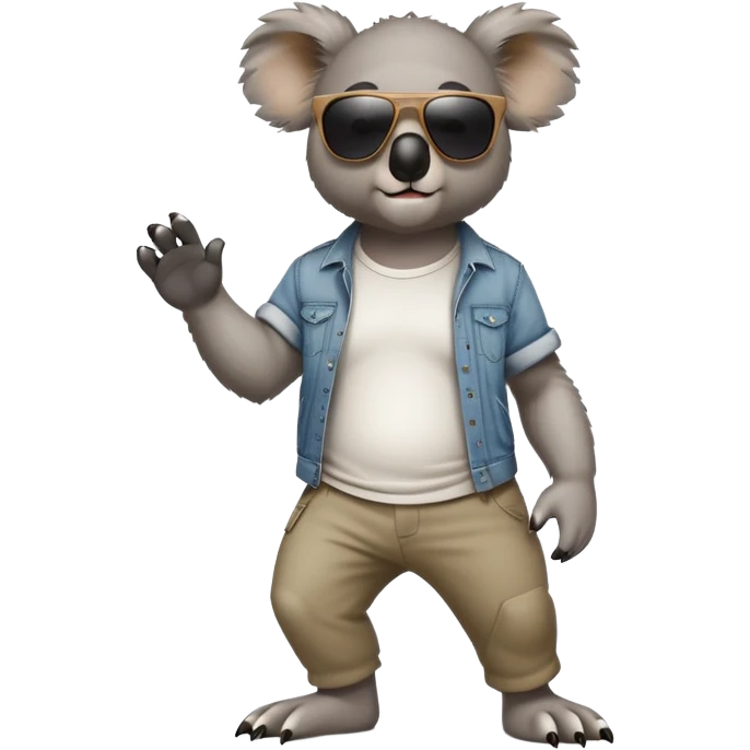 anthropomorphised koala in casual clothing, wearing dark sunglasses, walking upright, looking like a tough guy with a different attitude emoji
