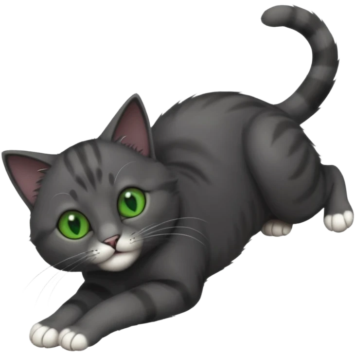 solid dark grey cat with green eyes, completely solid grey face, white toes/paws playing rolling upside down emoji