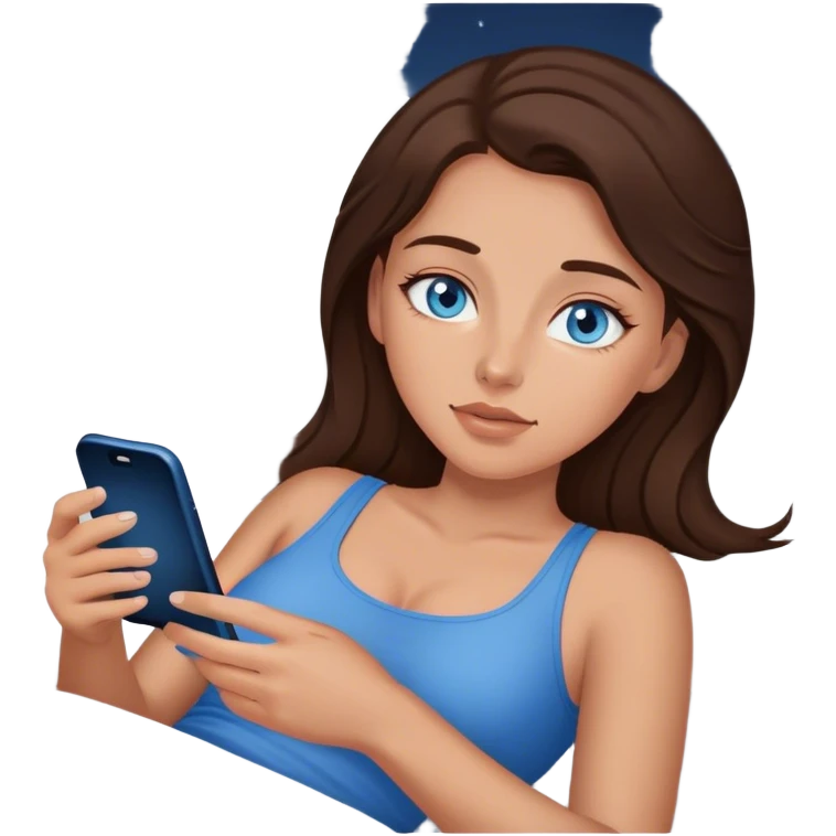 Brunett white girl with blue eyes, laying In bed at night , using her iPhone emoji