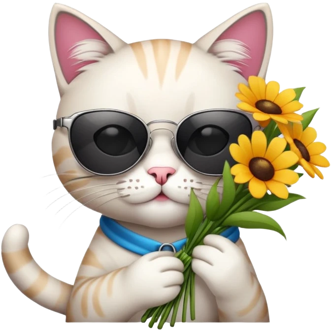 cat wearing sunglasses holding a bouquet of flowers emoji