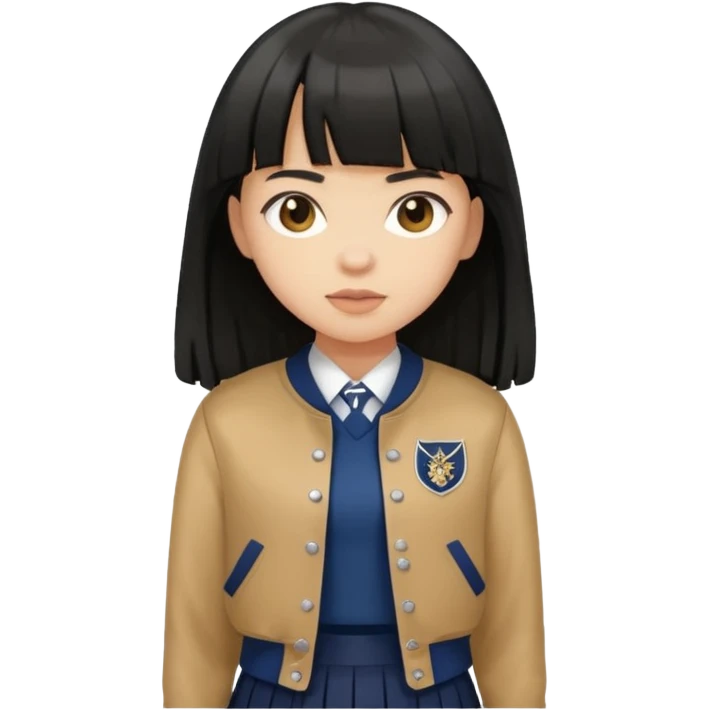 hair : black long hair with fringe 
skin : light 
cloth : brown varsity jacket + navy long long school girl skirt 


 emoji