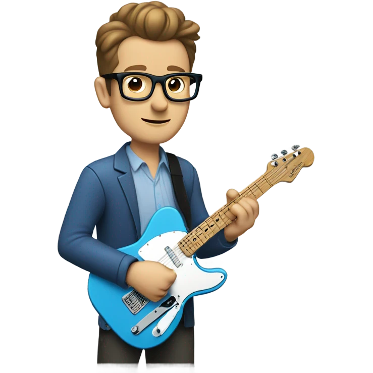 A nerdy white guy with glasses with short brown hair with a small quiff playing a blue classic telescaster emoji