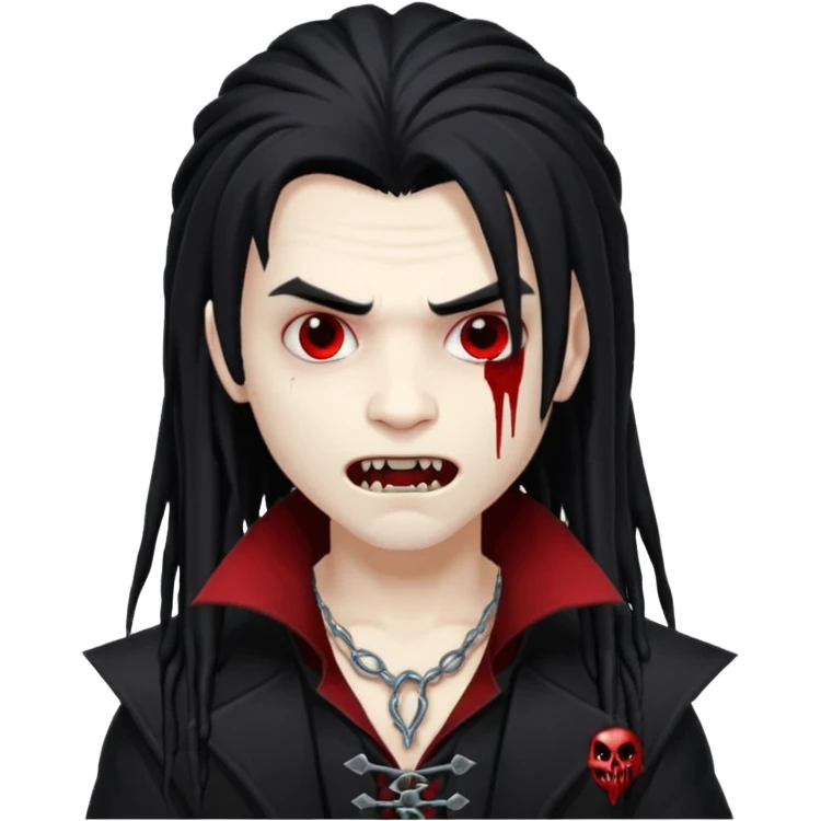 Boy, vampire, black long hair similar to dreadlocks, bloody fangs, emo emoji