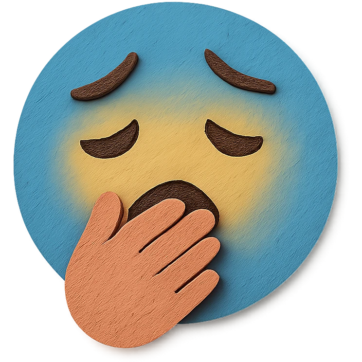 sad face with hand over mouth, blue paper background, paper craft style emoji