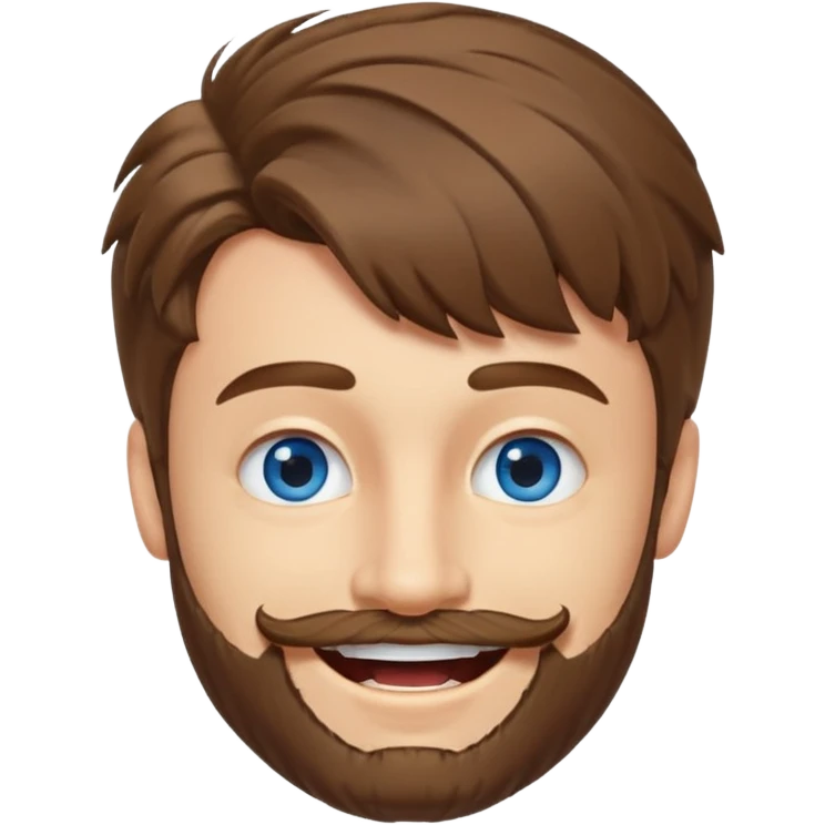 25 year old man, short scruffy beard and sparse moustache, brown puffy mullet, blue eyes, big smile, white teeth, big lips, pronounced jaw, hair longer in back, sticking up on top emoji
