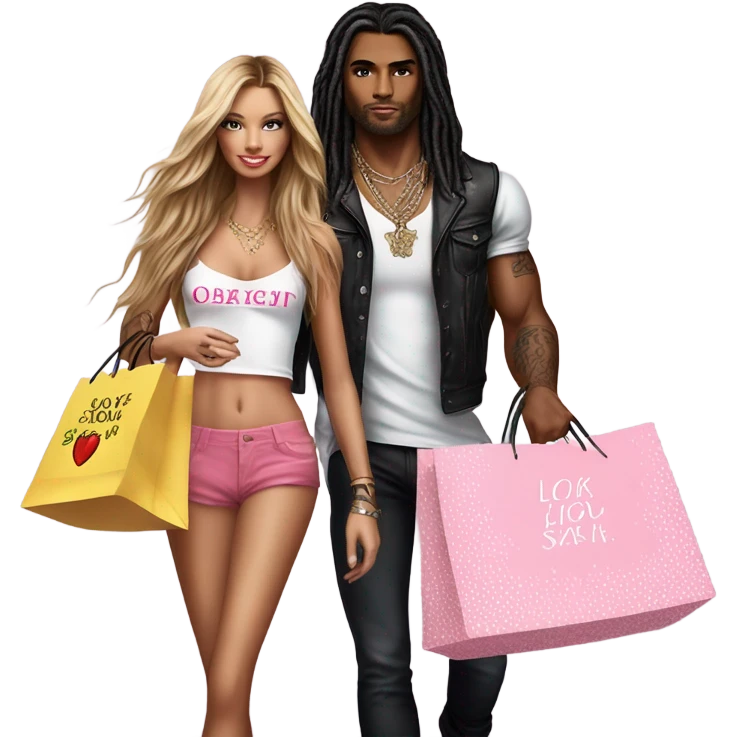 Photo of Victoria secret model shopping with a tattooed male model carrying bags emoji