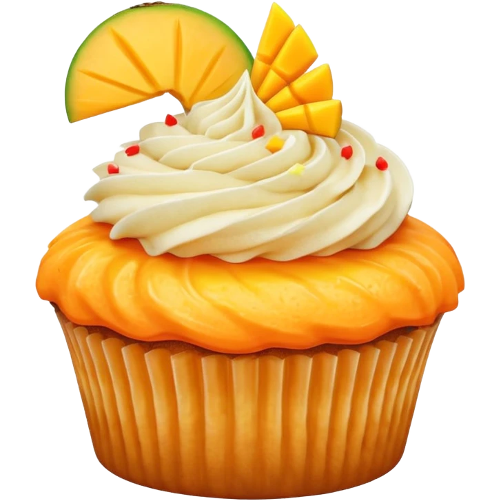 Orange frosted cupcake with mango slice on top emoji