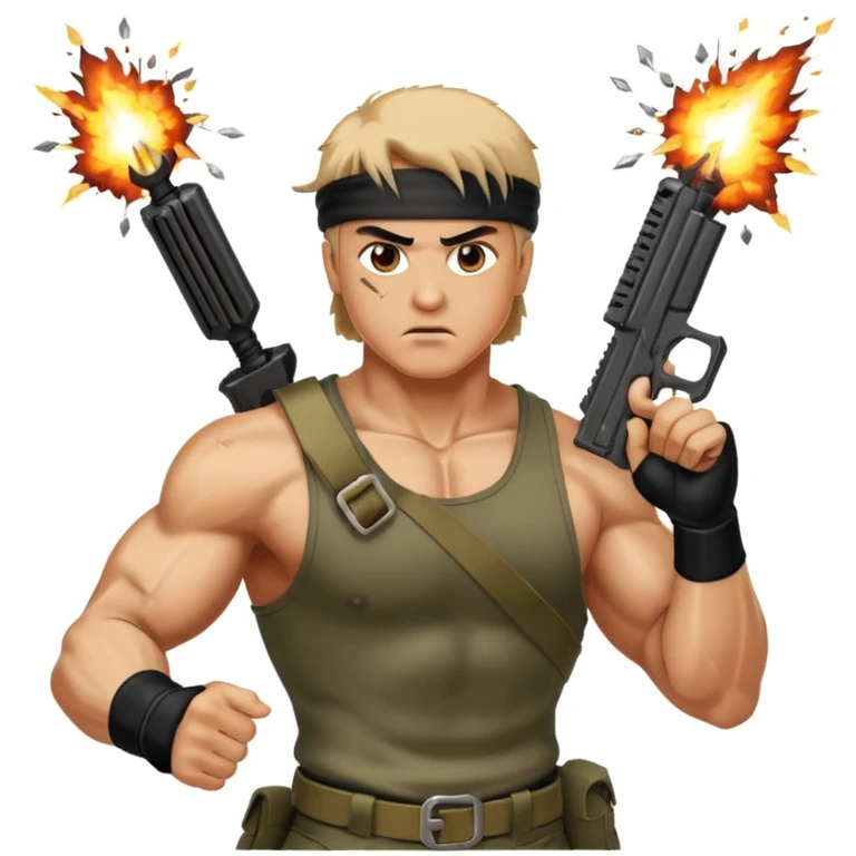 Icon for Action Movies: Rambo in the lead role, in an intense action pose with weapons, explosions, and dramatic background. The design should evoke the classic action movie feel with muscle-bound heroes and high-energy sequences. Transparent background. emoji