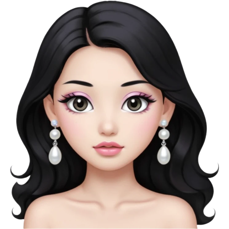 asian long voluminous black hair silver grey eyes glossy lips glittery white and light pink eyeshadow girl pearl earrings emoji