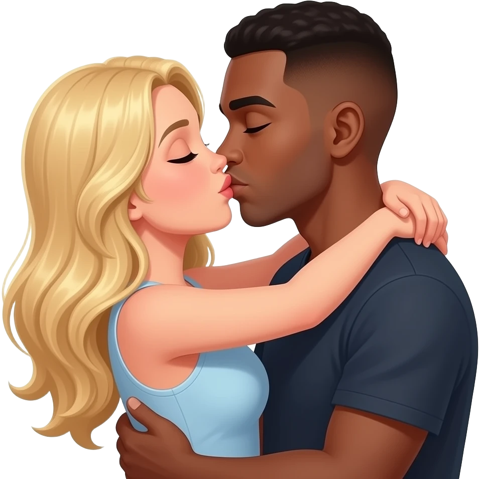 Blonde girlfriend hugging & kissing black boyfriend with shaved head emoji