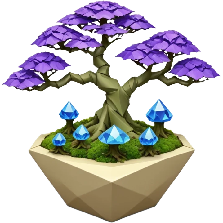Futuristic wild glowing et alien moss maples Bonsai hair-fine-leaf group multi faceted crystal boxwood purple and cream rose blue informal rocky cliffhanger eight trees forest planting in shallow origami slab style pot with big anthropomorphic feet  emoji