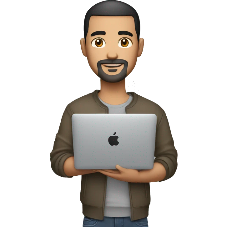 mexican man buzz cut hair with black stubble beard and black eyes in casual clothes, holding macbook laptop. emoji