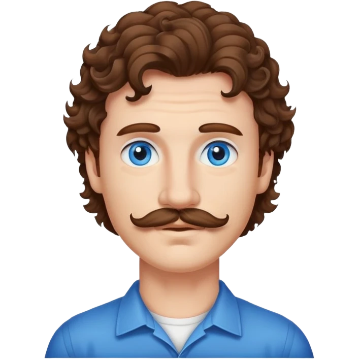 Man with brown hair, blue eyes, curly mullet and a mustache emoji