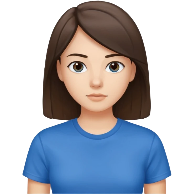 young brunette brawn-eyed woman with straight hair with a blue t-shirt with  emoji